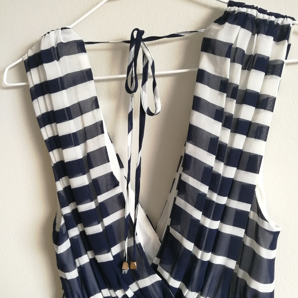 WINDSOR Navy & White Striped Plunge Neck Dress - Picture 6 of 10